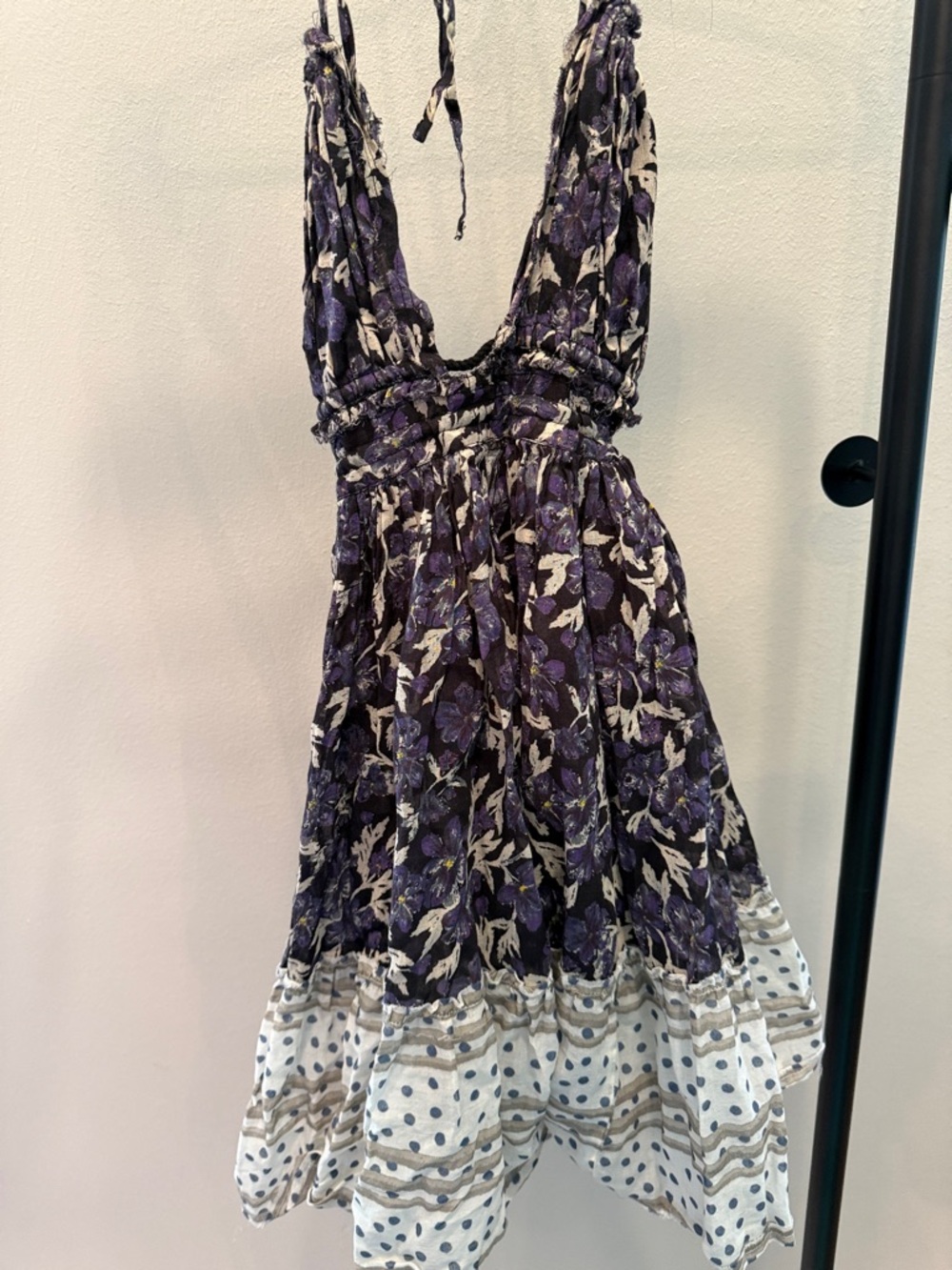 Free People Purple Floral Backless Sundress with Cream Polka-Dot Hem